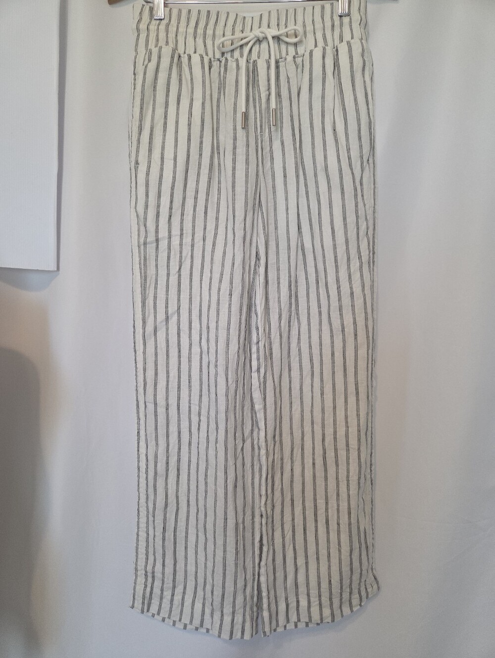 Quince 100% Linen Wide Leg Striped Pants M Elastic Waist Coastal Chic